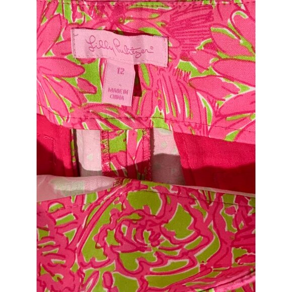 Lilly Pulitzer Size 12 Pink Green Floral Print Straight Leg Flat Front Pants - Picture 4 of 8